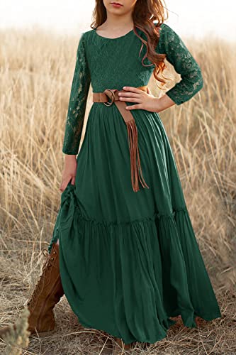Image of MITILLY Girls Lace Flower Wedding Guest Long Maxi Dress for 6-12 Years | Girls Boho Dress, Girls' Special Occasion Dresses, Wedding Party, Size 6-12 Years, Ruffle Sleeve, A Line, With Pockets