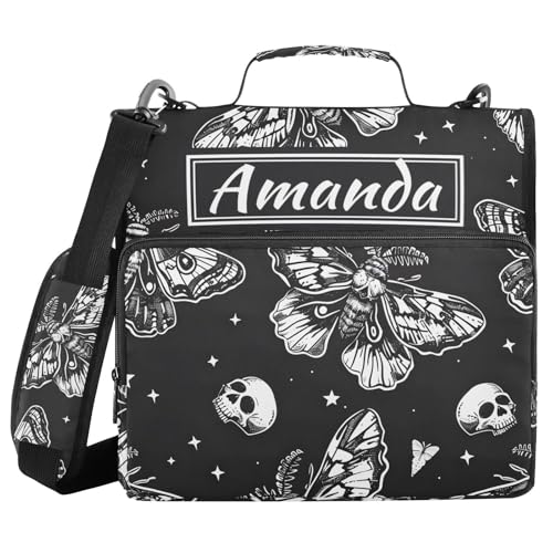 Image of Custom 3 Ring Zipper Binder Skull Moon Moth Black Skeleton Personalized Name 1.5 inch Binders Large Capacity Multi Pockets for School Office Supplies