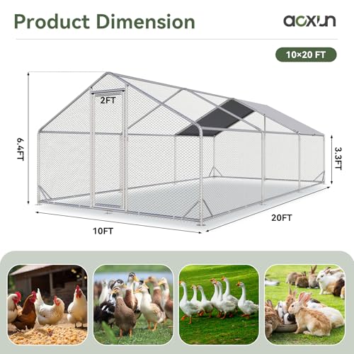 Image of Aoxun Large Metal Chicken Coop, Outdoor Chicken Runs for Yard with Cover, Spire Roof Hen House Enclosure with Security Lock, Walk-in Cage Peak Hen House for Yard Farm (10x20x6.4 FT)