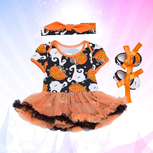 Conjunto de 3 peças em 1 KesYOO de Halloween com estampa de abóbora, vestido de manga curta e sapato