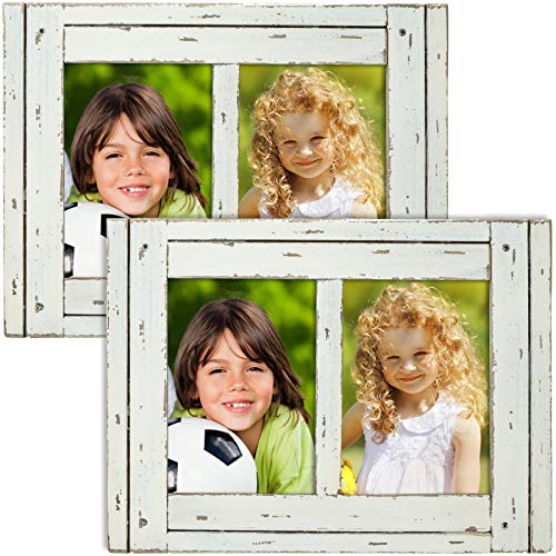 EXCELLO GLOBAL PRODUCTS Rustic Shabby Chic White Weathered Distressed Vintage Style Wooden Picture Frame with Self-Stand Easel, Each Frame Holds Two 5
