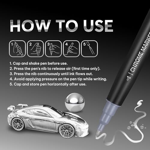 Image of 1PK Dual Tip Liquid Chrome Paint Marker, Mirror Chrome Pen | 1mm & 2-5mm Reversible Tips Permanent Metallic High Gloss Marker for Metal, Plastic, Fabric, Model, Touch-Up & Repair Kit