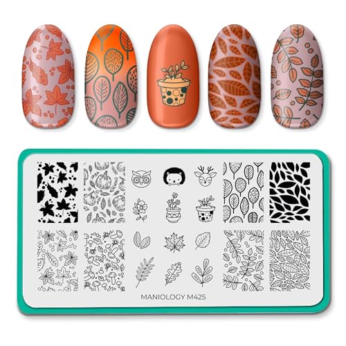 Maniology Woodland Wonders Nail Stamping Plate | Cute Forest Creature & Autumn Leaf Designs for Cozy Fall-Themed DIY Manicures – Reusable, Rectangular Stainless Steel Nail Art Template