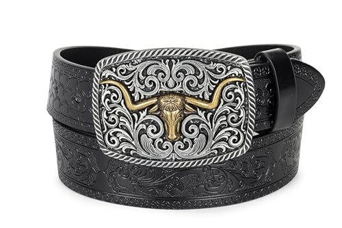 Image of Western-Cowboy-Leather-Belts for Women Turquoise-Oval-Buckle Embossed Belt