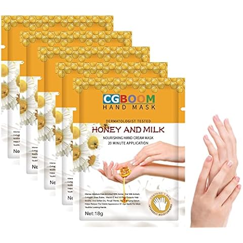 5 Pairs Hands Moisturizing Gloves, Hand Skin Repair Renew Mask w/Infused Collagen, Moisture Enhancing Gloves for Dry, Aging, Cracked Hands (Honey&Milk) Cover
