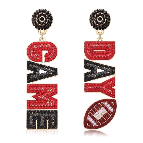 Beaded Game Day Earrings - Rhinestone Football Team Drop Dangle Earrings for Women - Football Mom Accessories & Sports Jewelry Gifts