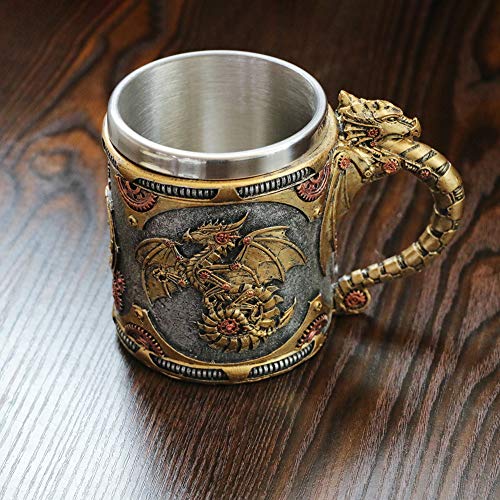 Steampunk Gearwork Mechanical Dragon Mug - Medieval Renaissance Dragons Beer Stein Tankard Stainless Coffee Cup Gift Mug For Dragon Collector Lovers Themed Party Decoration (14OZ)