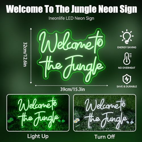 Image of ineonlife Welcome to the Jungle Neon Sign Green Letter LED Neon Lights for Bedroom Wall Love Oh Baby for Room Decor Bar Party Wedding Engagement Wall Hanging Decor USB Powered Green USB Powerd 15.3x12.6in