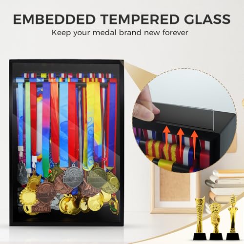 Image of Medal Hanger Display Case, Dust-Proof 22 inchx15 inch Wall Mount medal holder with 3 Hanging Rods & Trophy Shelf, Holds 60+ Medals, HD Tempered Glass, Solid Wood, for gymanstics,race,soccer,swim