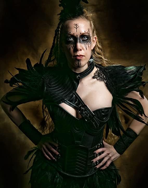 Vista 2 de L'VOW Abrigo de plumas negras para mujer, con cuello de encaje, para Halloween, para mujer