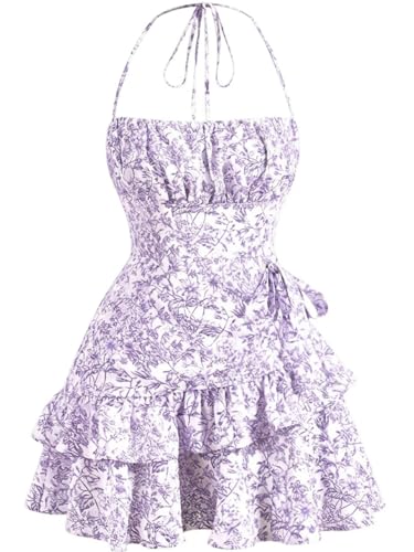Image of Narecte Summer Dresses for Women,Tie Halter Mini Dress,Floral Print Short Dress,Ruffle Trim Casual Dresses