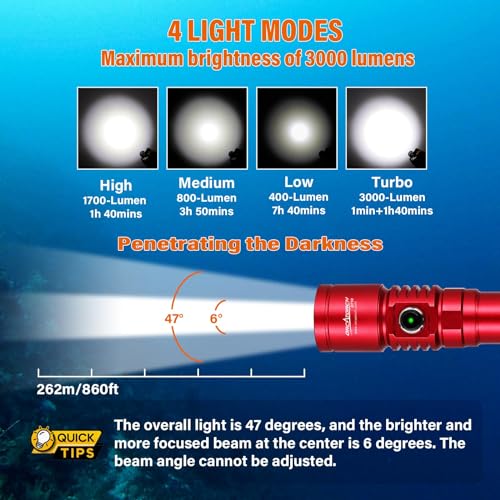 Image of ORCATORCH D710 Scuba Diving Light, 3000 Lumens Super Bright Underwater Flashlight with 6 Degrees Narrow Beam, IP68 Waterproof Night Dive Torch 150 Meters Submersible Light (Red)