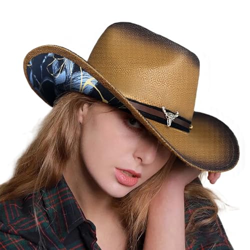 Image of Cowboy Hats for Women, Brown Cowgirl Hats Classic Straw Western Hats for Women Music Festival Party Beach.