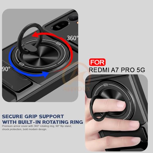 Image of Redmi A7 Pro 5G Back Cover | Armor Camera Slider 360 Degree Rotating Finger Ring Holder Case with Bracket Stand Back Case Cover (Compatible with MagSafe Accessories) (Black)