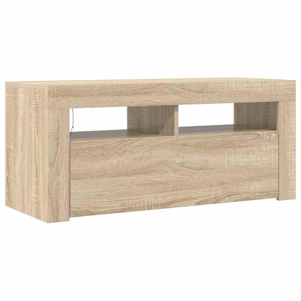 vidaXL Meuble TV avec Lumières LED, Armoire de Télévision, Meuble Télé de Salon, Armoire Basse Salle de Séjour Intérieur, Moderne, Chêne Sonoma