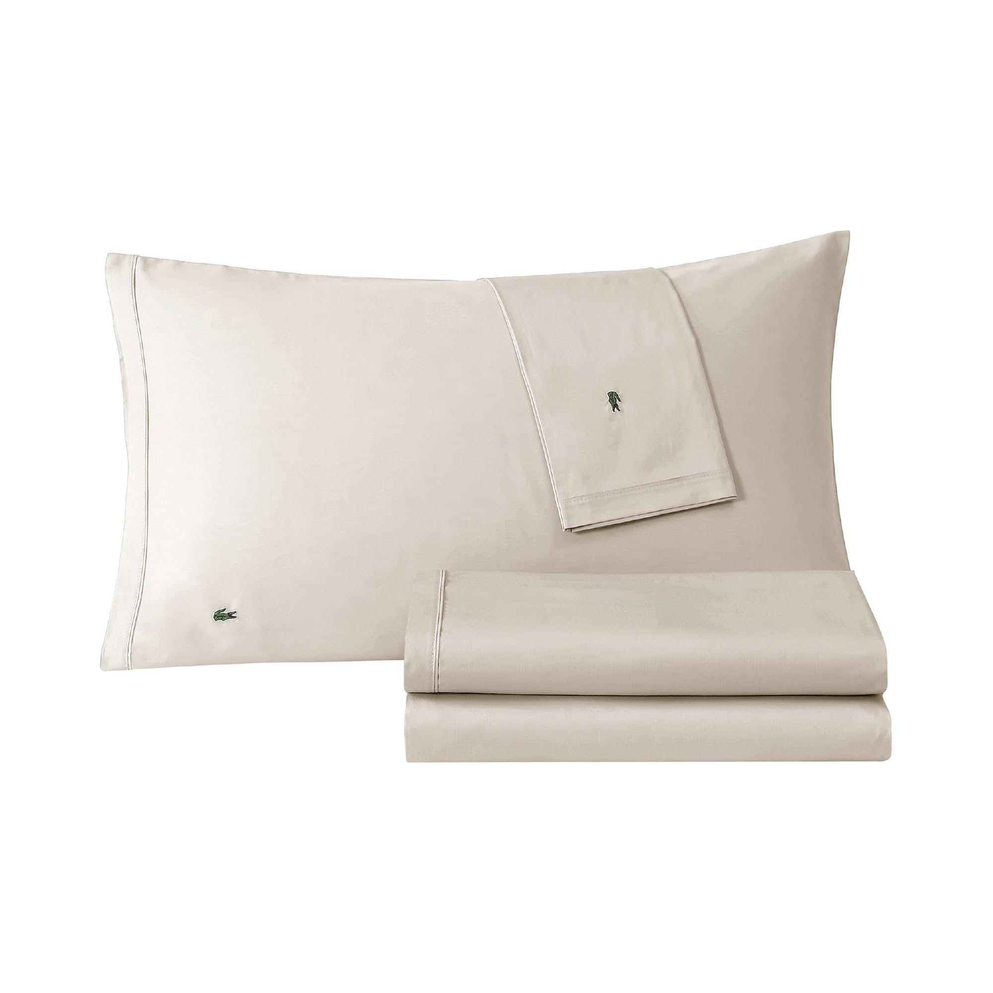 Lacoste 100% Cotton Percale 4-Piece Sheet Set – Cool, Crisp, Matte, and Durable, Oeko-Tex Certified – Solid, Pumice Stone, Full