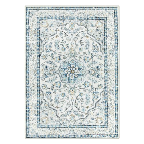 Lahome Oriental Bedroom Rug 5x7 Area Rug,Vintage Boho Blue Rug for Living Room,Ultra-Thin Washable Rugs Dining Room Rug Traditional Medallion Non Slip Bathroom Mat Floor Carpet Blue 5x7
