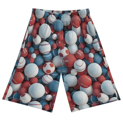 ALAZA Red Blue Ball Soccer Baseball Pajama Shorts Elastic Waist Casual Sleep Shorts with Pockets Size 6-14