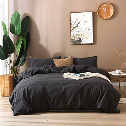 Image of F.Y.Dreams 100% Washed Cotton Duvet Cover for Weighted Blanket 80x87 inches with 16 Ties, Zipper on Long Side /Black Grey /Just Duvet Cover