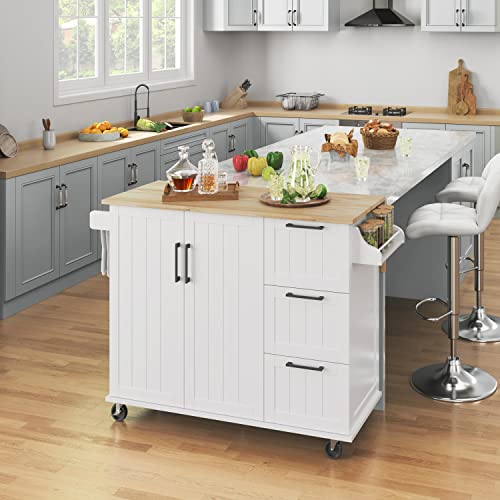 Topeakmart-Mobile-Kitchen-Island-with-Foldable-Countertop-Kitchen-Cart-with-Storage-Cabinet-and-3-Drawers-and-Spice-Rack-for-Dining-Room-White Topeakmart Mobile Kitchen Island with Foldable Countertop Kitchen Cart with Storage Cabinet and 3 Drawers and Spice Rack for Dining Room White