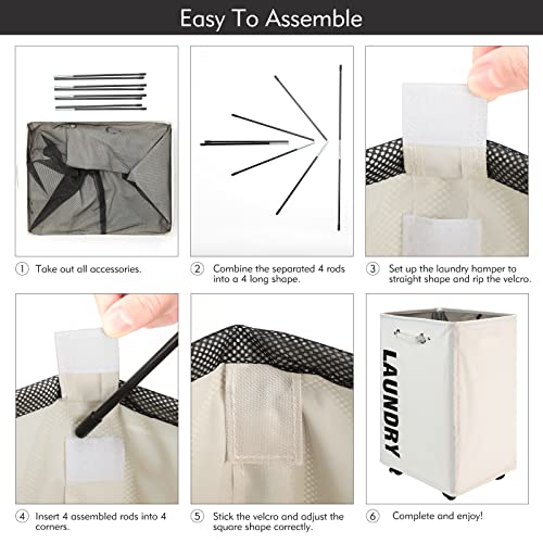 Lifesela 22" Pro Rolling Laundry Basket, Large Laundry Hamper On Wheels, Collapsible Dirty Clothes Hamper With Drawstring Mesh Cover, Corner Clothes Storage Basket Laundry Bin With Handle (Beige) #TOP6