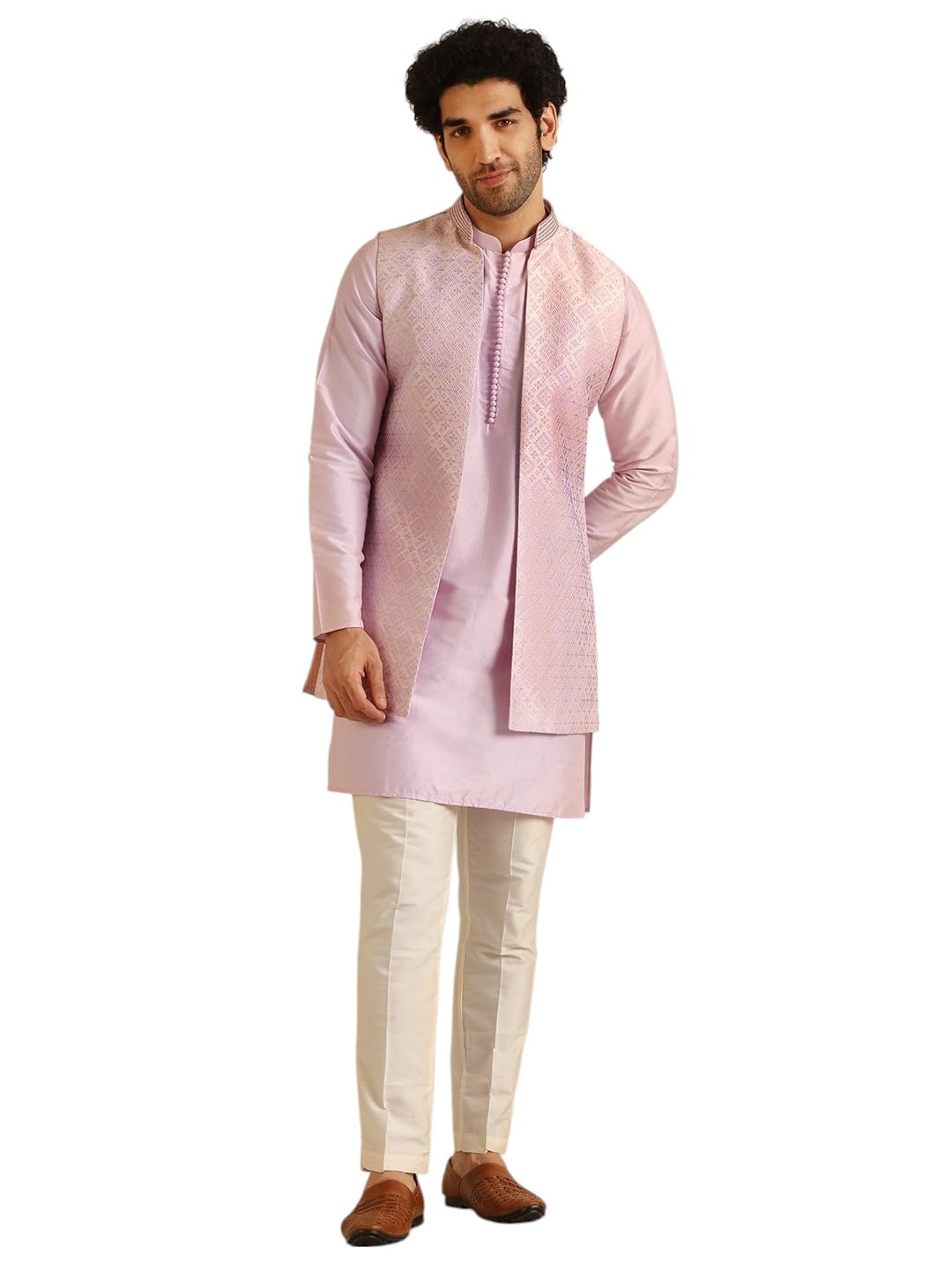 kisah Men's Kurta Jacket Trouser Set, Lilac Jacquard, Woven Design Regular Fit Mandarin Collar Long Sleeves-picture-18