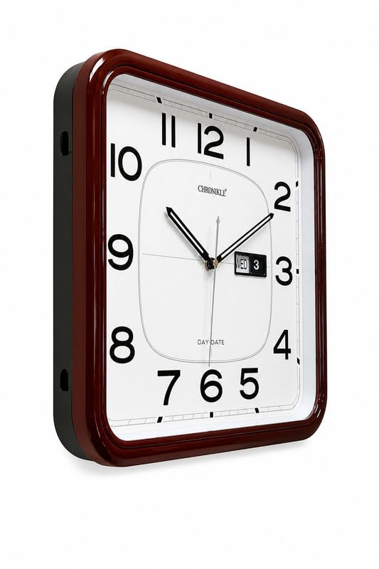 Image of CHRONIKLE 16 Inch Wall Clock with Day & Date Display, Silent Quartz Analog Clock for Home & Office, White Dial with Bold Black Numbers & Rosewood Finish Frame