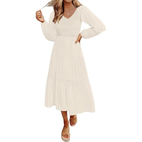 MEROKEETY Women's 2023 Casual Long Sleeve Smocked Dress V Neck High Waist Ruffle Tiered Midi Dresses