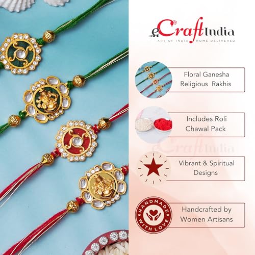 Image of eCraftIndia Set of 4 Red Golden White Pearls Rakhi for Brother Bhaiya Bhai | Roli Chawal Pack | Rakhi Combo