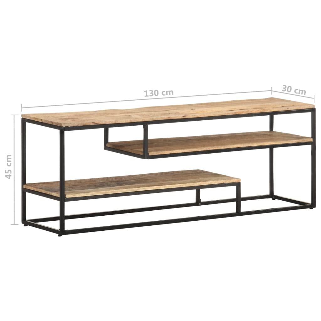 Mobile TV in legno di mango grezzo, 130 x 30 x 45 cm, stile industriale, telaio in acciaio, 3 ripiani, mobile multimediale e stereo