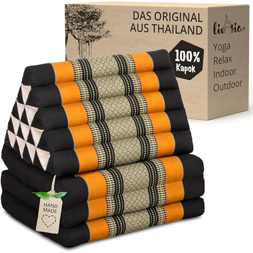 livasia Thaikissen 3 Auflagen extrahoch - 185x55x8cm - Dreieckskissen mit Klappmatratze, Kapok, Jumbo Rückenkissen faltbar, Thaimatte Klappen, handgefertigt, Meditationskissen (Schwarz/Orange)