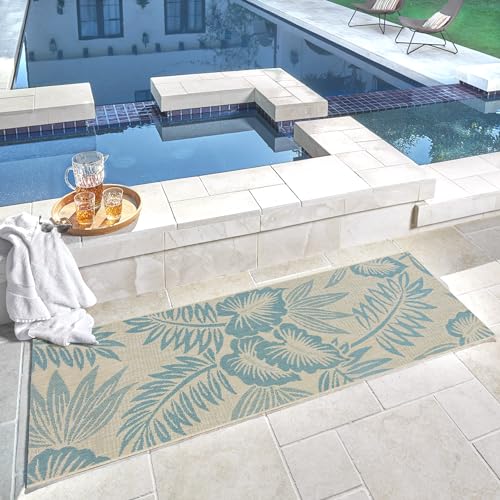 Gertmenian Indoor/Outdoor Kona Coast by Reyn Spooner Runner Rug - 2x6 Runner, Stain & UV Resistant, Ideal for Deck, Patio, Poolside Rooms - Palm Leaves, Teal Green Tan, 46677