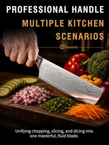 Image of Sunnecko Nakiri Knife - 7 inch Kitchen Knife for Meat Cleaver and Vegetable Chopping, 12 Edge Razor Sharp High Carbon Stainless Steel Asian Chef Knife with Sheath, Kitchen Gift for Home Cooks Men