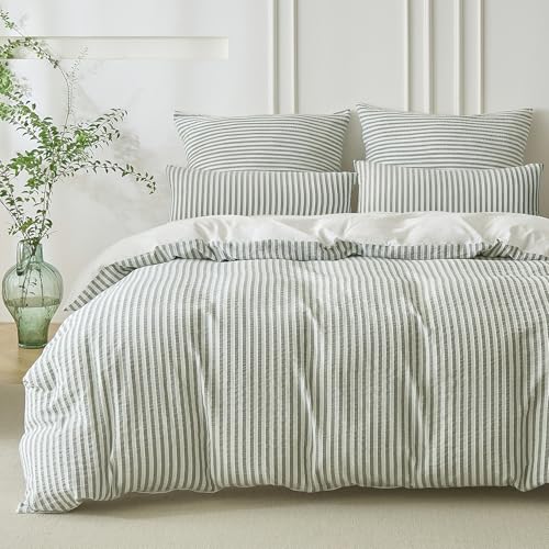 SOULFUL Housse de Couette 220x240 Coton avec 2 Taies d'oreiller 65x65 cm - 100% Coton Lavé - Design Bohème Jacquard Rayures - Vert Sauge Parure de Lit 2...