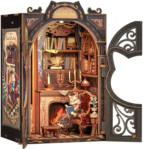 CUTEBEE Book Nook Kit - DIY Puppenhaus, Miniatur Haus Selber Baue Bausatz mit LED-Beleuchtung, Kreativmodell für Erwachsene als Bücherregal-Deko | Geschenkset (Count Cat's Study)