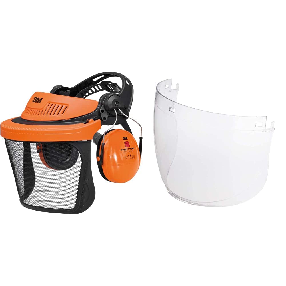 3M PELTOR 7000103790 G500 Combinaison Forestière avec Coiffe Orange et Visière V5C et Coquilles Auditives & Visière en polycarbonate incolore 5F11
