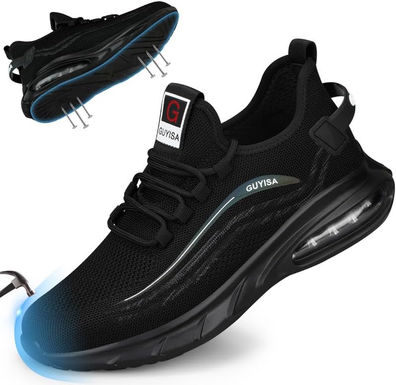 GLANOUDUN Steel Toe Shoes for Men Black Women's Work Shoes Lightweight Safety Toe Shoes Indestructible Steel Toe Sneakers Industrial Construction Footwear 9.5 0207 Black