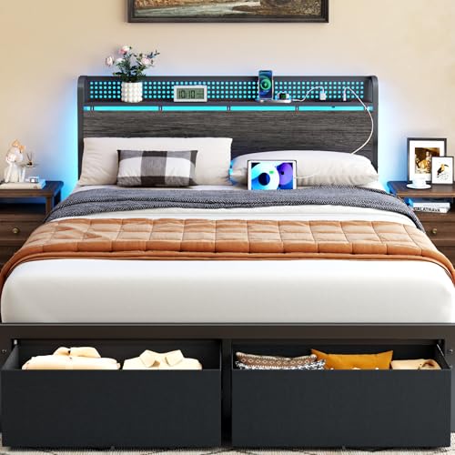 Image of Furnulem Queen Bed Frame with Headboard Storage, Platform Bed Frame Queen Size with Charging Station, 2 Drawers & LED, No Box Spring Needed, Noise Free, Easy Assembly, Rustic Grey (1200 lbs Capacity)