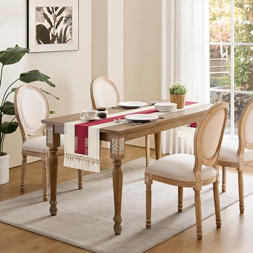 Image of ZeeMart Macrame Style Bicolor Stitching Table Runner, 14 x 36 Inch Red /Ivory, Boho Table Runners 36 Inches Long, Farmhouse Woven Home Decor