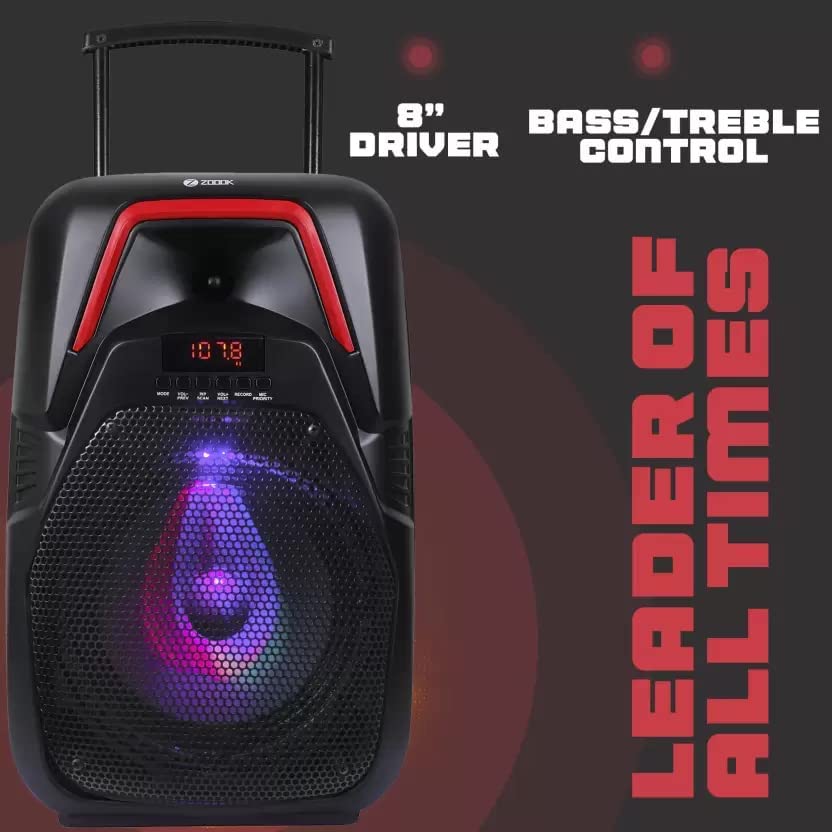 Front view of the Zoook Hurricane 100 W Bluetooth Party Speaker, highlighting the 8-inch driver and controls for bass and treble.