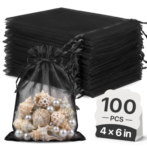 Image of FUNFERY 100Pcs Black Organza Bags 4x6 in,Small Mesh Drawstring Gift Bag