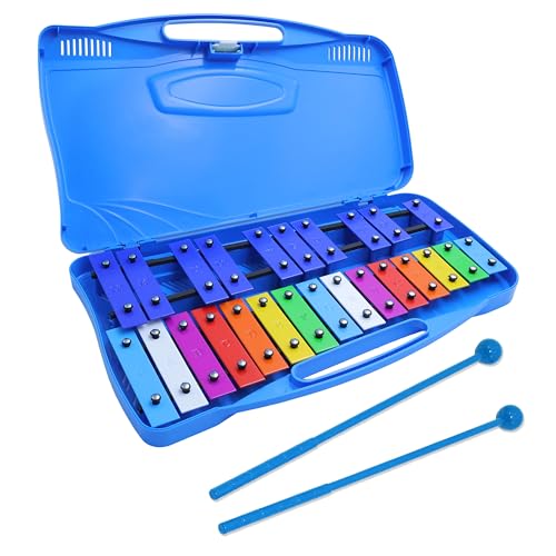 25 Note Chromatic Glockenspiel Xylophone in Red Case Xylophone with Black/White Keys & Two Plastic Beaters for Kids Adults Musical Drum Percussion for Instrument Educational Music Learning (Blue)