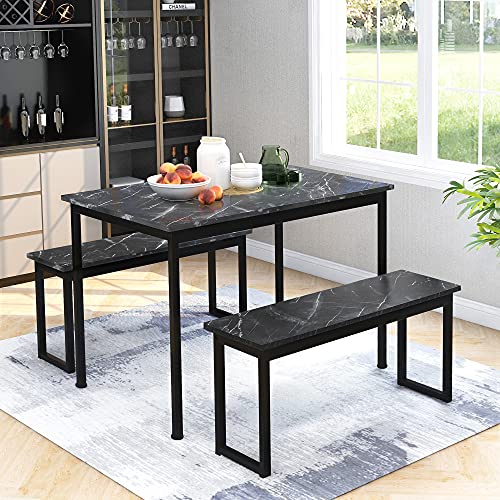 Kitchen Dining Table and 2 Bench Set, Garden Bench Home Furniture Set Dining Room Furniture, Solid Table & Sturdy Metal Frame Industrial, Black