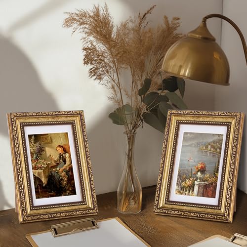 Image of eletecpro 4x6 Vintage Picture Frame, Glass Cover, Bronze Gold, 2-Pack | Display Photo 3.5x5 with Mat or 4x6 without, Horizontal or Vertical, Tabletop or Wall Decor