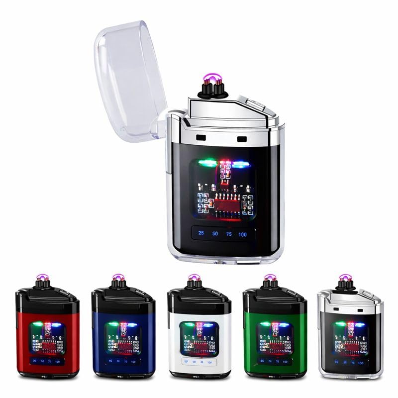 USB Rechargeable Dual Arc Lighter with LED Display, Windproof Flameless Plasma Lighter, Compact Portable Design for Outdoor Camping Travel (Multicolor)