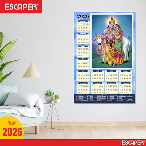 Image of ESCAPER Shree Krishna Wall Calendar 2025 (45 x 30 cm) - Radha Krishna Wall Decor, Laddu Gopal Photo, Bal Krishna Wall Calendar 2025, Religious Wall Calendar 2025, Bal Gopal Photo