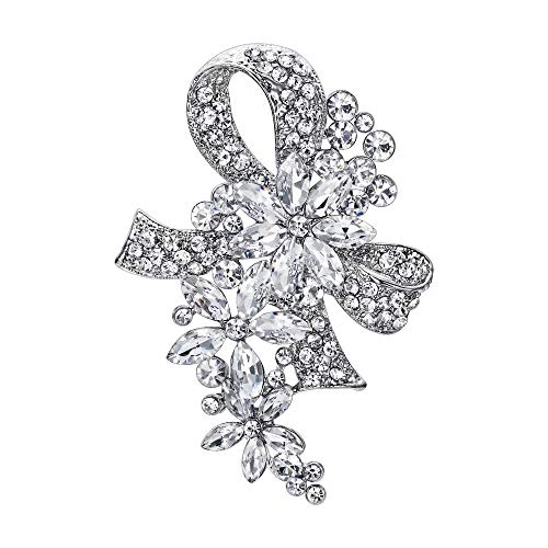 EVER FAITH Wedding Silver-Tone Bowknot Flower Clear Austrian Crystal Brooch
