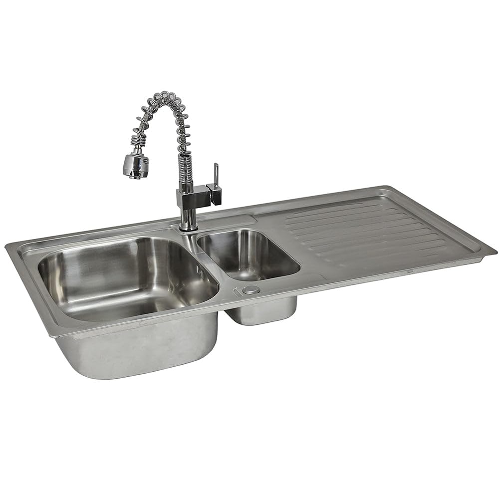 Kukoo Silver Stainless Steel Kitchen Sink Basin & Padstow Tap, Reversible, 105Cm X 18Cm X 50Cm