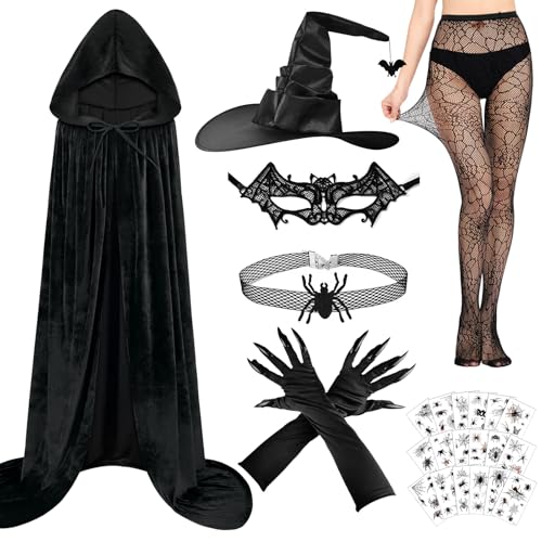 Halloween Kostüm Damen Hexe mit Hexenhut, Hexenumhang Damen, Netzstrümpfe und 30 Blatt Halloween Tattoos, Halloween Kostüm Frauen Sexy Teufel...