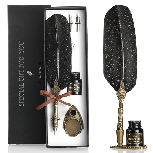 VANGOAL Vintage Black Feather Pen and Ink Set, Classic Series Goose Quill With Carving Stand,...